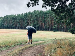 Ein Mann steht auf einer Wiese vor dem Wald und hat einen schwarzen Regenschirm aufgespannt.